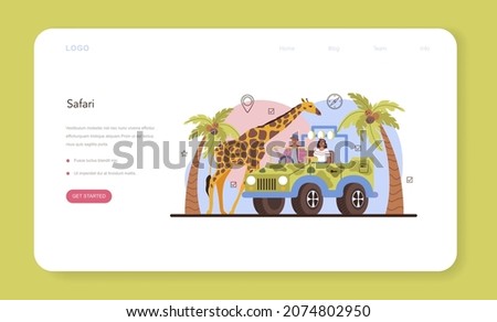 Expedition guide web banner or landing page. Tourists hiking, making tent and sitting at the campfire. Travel and adventure on the nature. Safari expedition. Flat vector illustration