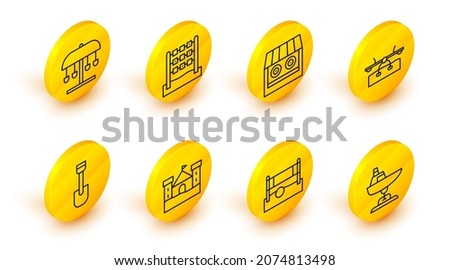 Set line Swing boat, Volleyball net with ball, Sand castle, Shovel toy, Seesaw, Shooting gallery, Tic tac toe game and Attraction carousel icon. Vector
