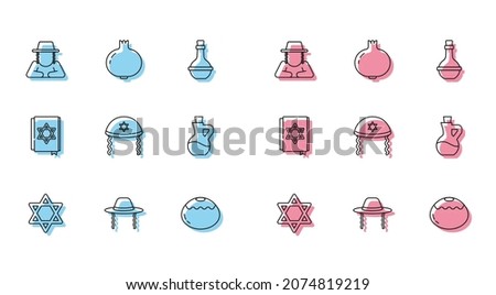 Set line Star of David, Orthodox jewish hat, Jewish sweet bakery, kippah, Bottle olive oil, torah book and Pomegranate icon. Vector