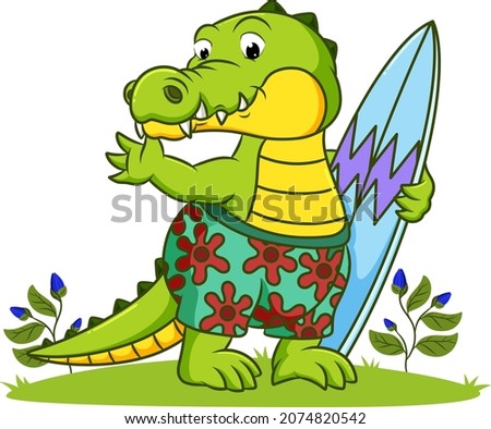 The big crocodile is holding the surfing board of illustration