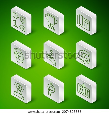 Set line Identification badge, Whistle, Planning strategy, Hand holding coin money, Head puzzles, Award cup, Mountains with flag and Worldwide icon. Vector