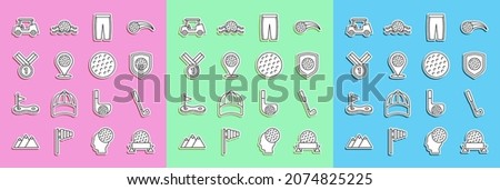 Set line Golf ball, club, with shield, pants, Location golf sport, Medal, car and  icon. Vector