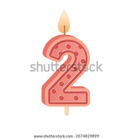 2 number-shaped birthday candle for second year anniversary. Two figure wax candlelight with flame for party cake for 2d bday. Colored flat vector illustration isolated on white background
