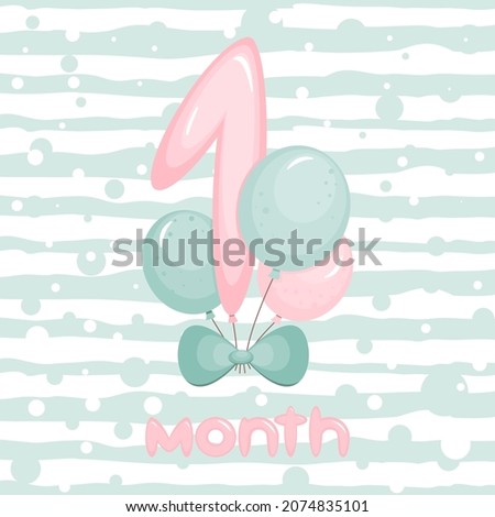 1 month Birthday party invitation with balloons. Greeting card template. Vector illustration.