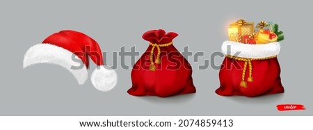 Santa Claus red bags and Santa hat. Open and closed Christmas bags with gifts. Realistic vector illustration Royalty-Free Stock Photo #2074859413