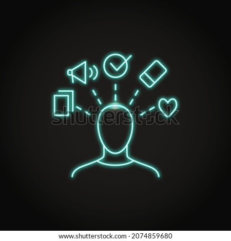 Neon distracted person icon in line style. Concentration loss symbol. Overloaded man. Vector illustration.