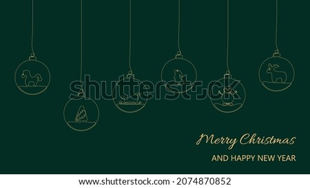 Christmas and New Year composition of hanging balls with reindeer, horse, tree, snowman, sleigh, rabbit. Continuous one line drawing. Design for greeting card, banner, poster. Vector illustration. 