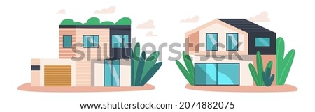 Suburban Residential House Buildings Exterior. Cottages, Private Villas, Village Luxury Homes. Apartment With Wide Windows Living Property Isolated on White Background. Cartoon Vector Real Estate