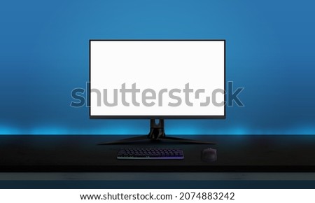 Gaming display mockup on black desk with gaming keyboard and mouse. Blue wall with ambient lights in background. Game promotion concept