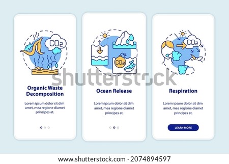 Natural carbon emissions causes onboarding mobile app page screen with concepts. Ocean release walkthrough 3 steps graphic instructions. UI, UX, GUI vector template with linear color illustrations