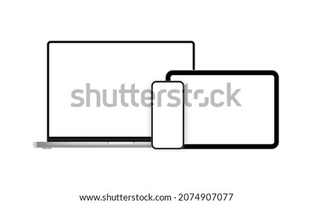 Modern Devices Mockups: Laptop, Tablet, Phone with Blank Screens, Isolated on White Background. Vector Illustration