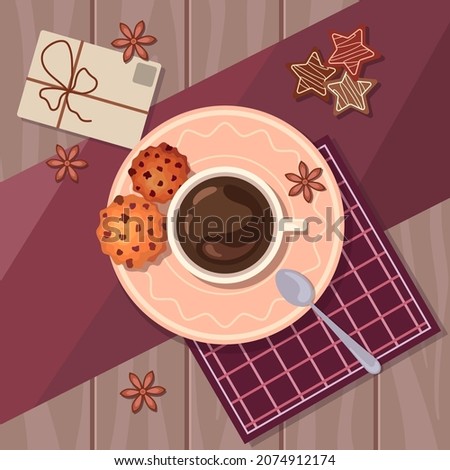 A cup of coffee, chocolate cookies, light pink saucer, spoon, postcard, cinnamon, burgundy napkin. Flat cozy illustration on a wooden table. Winter. Suitable for poster, card, banner, cover.