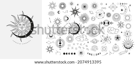 Set of celestial mystic esoteric magic elements sun moon and clouds Different stages of moon, zodiac Signs. Alchemy tattoo object logo template. Vector Royalty-Free Stock Photo #2074913395