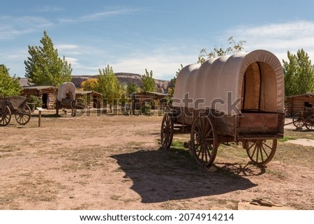 Antique western style covered wagon, USA Royalty-Free Stock Photo #2074914214