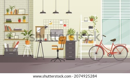 Vector workplace modern design. Home office, studio, cabinet or home workspace of frelancer interior with desktop, PC computer, bookshelves plants, furnitures and bicycle. Contemporary room flat style