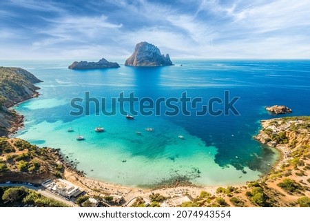 Aerial view of Cala d’Hort, Ibiza islands, Spain Royalty-Free Stock Photo #2074943554