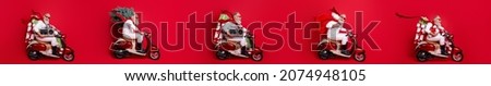 Collage profile side picture of santa claus ride retro scooter deliver boombox disco ball pine sack isolated on red color background