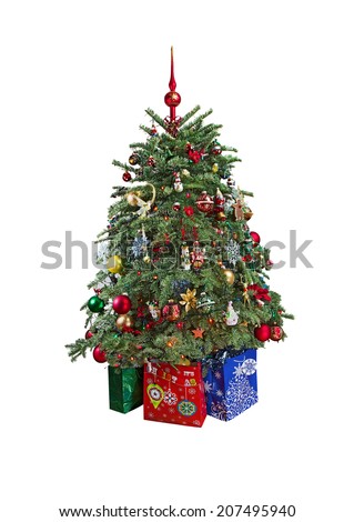 Christmas tree with ornaments and gifts on white background