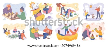 Everyday life at home, joint pastime set. People spend time together and play. Games for family and friends. Home entertainment, leisure, recreation. Board and active games for playing together Royalty-Free Stock Photo #2074969486