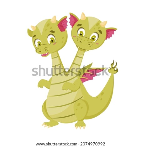 Cute Happy Flying Green Two Headed Baby Dragon Vector Illustration