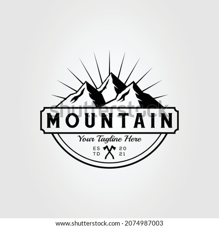 stunning mountain and outdoor adventure with sunburst logo vector illustration design
