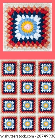  Collage from grandma's squares for blankets on a pink background with a place for an inscription Royalty-Free Stock Photo #2074993885