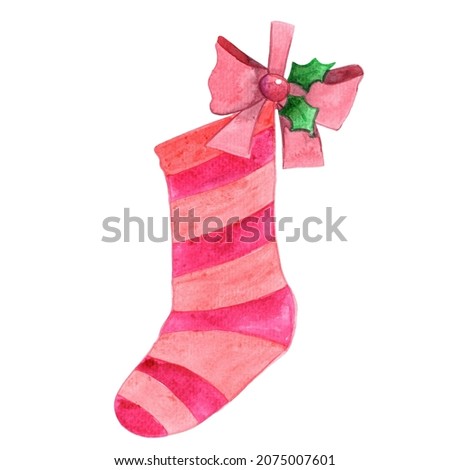 Christmas stocking with bow watercolor illustration for decoration Christmas holiday events.