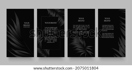 Floral cover, frame design set with tropical pattern of palm leaf on black background. Luxury premium background pattern for menu, elite summer sale, luxe invite template, formal invitation, luxury.