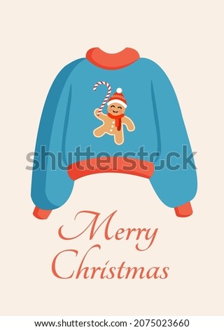 Christmas knitted sweater or jumper with gingerbread man print for postcard, poster, poster. Cute New Year and Christmas vector illustration in flat style