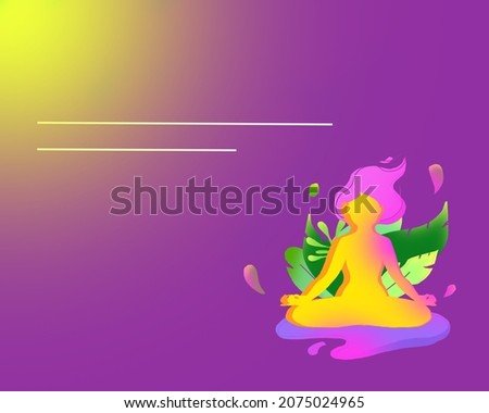 Card with a girl yoga in the lotus position in meditation on a purple background.
