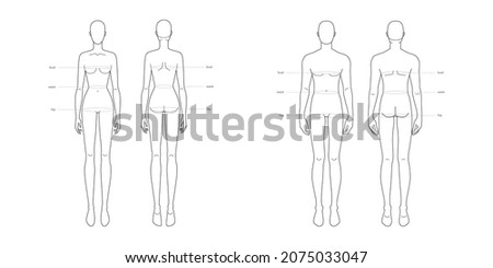 Men and women standard body parts terminology measurements Illustration for clothes and accessories production fashion 9 head male and female size chart. Human body infographic template