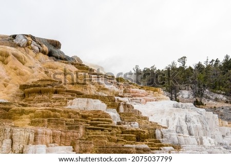 Scenic lifeless calcium terraces at Mammoth Hot Springs, Yellowstone National Park, USA