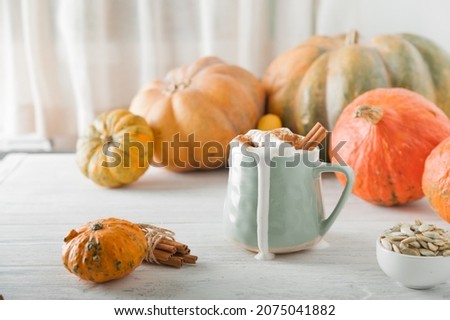 Cup with foam and cinnamon on background of pumpkins. Pumpkin autumn warming drink close-up and copy space.
