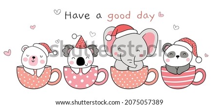 Draw vector illustration character design banner animal in pastel cup for new year and christmas Doodle cartoon style