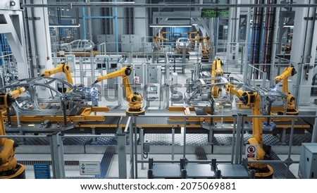 Car Factory 3D Concept: Automated Robot Arm Assembly Line Manufacturing Advanced High-Tech Green Energy Electric Vehicles. Construction, Building, Welding Industrial Production Conveyor.