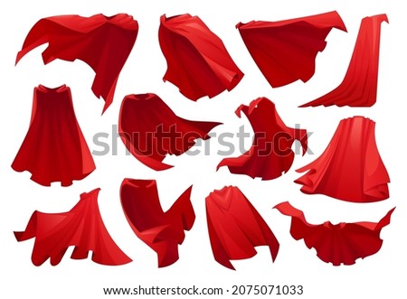 Superhero red cape isolated scarlet fabric silk cloak in different position, front back side view. Vector set of mantle costume, magic cartoon cover. Flowing and flying carnival vampire satin clothes Royalty-Free Stock Photo #2075071033