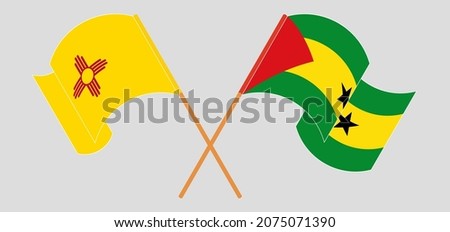 Crossed and waving flags of the State of New Mexico and Sao Tome and Principe. Vector illustration
