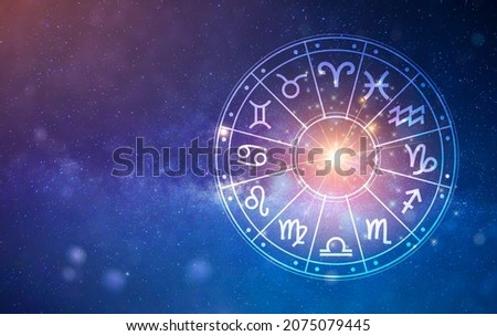 Zodiac signs inside of horoscope circle. Astrology in the sky with many stars and moons  astrology and horoscopes concept Royalty-Free Stock Photo #2075079445