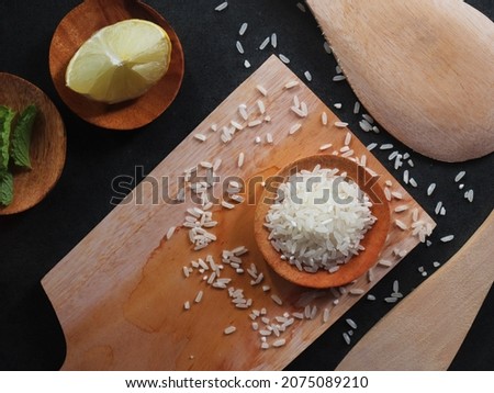 a flat lay of a bowl of rice