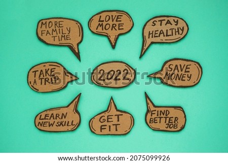 2022 new year resolutions written on the cartoon bubbles on mint color background. Plans are love , stay healthy, save money, find better job, get fit, learn new skill, take a trip, more family time. 
