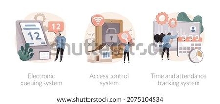 Digital tracking systems abstract concept vector illustration set. Electronic queuing system, access control system, time and attendance tracking, monitoring software, fingerprint abstract metaphor. Royalty-Free Stock Photo #2075104534