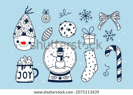 Vector set with winter holiday elements. Hand drawn doodle decorations on blue background. Cute Christmas symbols - snowman, snow globe, candy cane, stocking, hot drink.