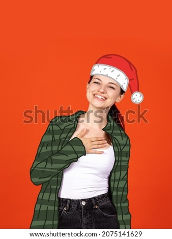 Contemporary art collage of beautiful young woman wearing green drawn shirt and holiday hat isolated over red background. Concept of winter holiday, Christmas, New Year, artwork. Copy space for ad