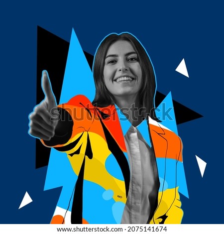 Contemporary art collage of smiling woman showing delightful like gesture isolated over blue background with multicolored geometric figures design. Concept of art, creativity, imagination and ad
