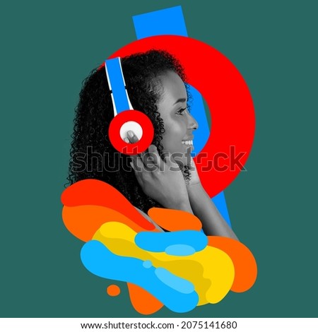 Contemporary art collage of joyful young girl listening to musci in heaphones isolated over geometric circle design on gray background. Concept of art, creativity, imagination. Copy space for ad Royalty-Free Stock Photo #2075141680