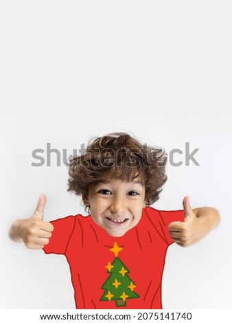 Contemporary art collage of happy child, showing like gesture anfd wearing red drawn sweater isolated over white background. Concept of winter holiday, Christmas, New Year, artwork. Copy space for ad