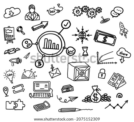 Hand drawn set of business and finance elements, coin, calculator, piggy, money. Comic doodle sketch style. Business element drawn by digital brush-pen. Vector illustration. 