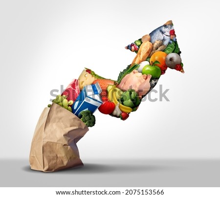Rising grocery prices and surging cost of supermarket groceries as an inflation financial crisis concept and the rise of food costs with an arrow as a composite image. Royalty-Free Stock Photo #2075153566