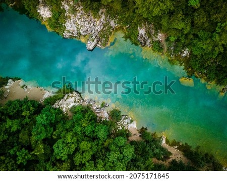Beautiful Soca River Valley in Slovenia. Landscape and Nature in Europe Drone View from Above. Royalty-Free Stock Photo #2075171845