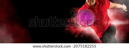 Bowling banner. Professional bowling player in action on black background
